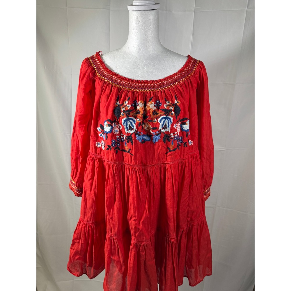 Free People Boho Embroidered Off Shoulder Red Dress Peasant Tunic‎ Festival